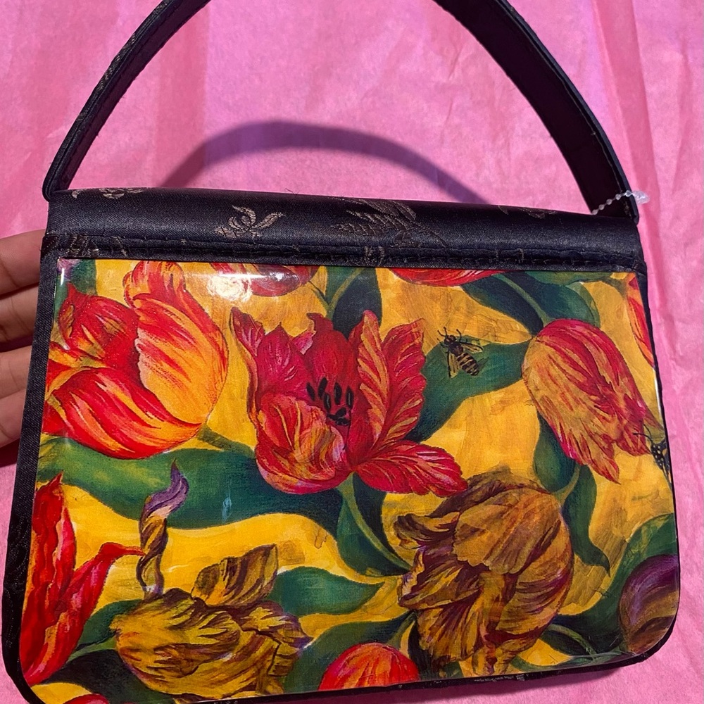 Angela Frascone Colorful Floral Shoulder Bag with Black Trim